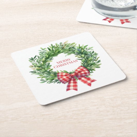 Waterverf groene krans met rode gingham boog kartonnen onderzetters (Schuin)