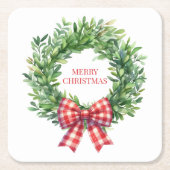 Waterverf groene krans met rode gingham boog kartonnen onderzetters (Voorkant)