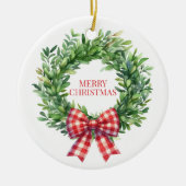 Waterverf groene krans met rode gingham boog keramisch ornament (Voorkant)