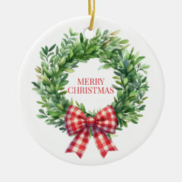 Waterverf groene krans met rode gingham boog keramisch ornament