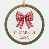 Waterverf groene krans met rode gingham boog keramisch ornament (Achterkant)