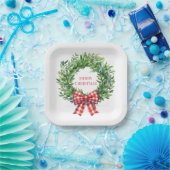 Waterverf groene krans met rode gingham boog papieren bordje (Feest)