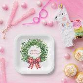 Waterverf groene krans met rode gingham boog papieren bordje (Feest)