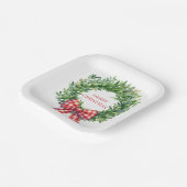 Waterverf groene krans met rode gingham boog papieren bordje (Gebogen)