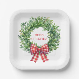 Waterverf groene krans met rode gingham boog papieren bordje