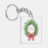 Waterverf groene krans met rode gingham boog sleutelhanger (Voorkant Links)