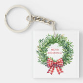 Waterverf groene krans met rode gingham boog sleutelhanger (Voorkant)