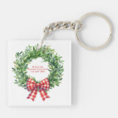 Waterverf groene krans met rode gingham boog sleutelhanger (Achterkant)