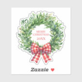 Waterverf groene krans met rode gingham boog sticker (Vel)