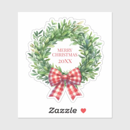 Waterverf groene krans met rode gingham boog sticker (Vel)