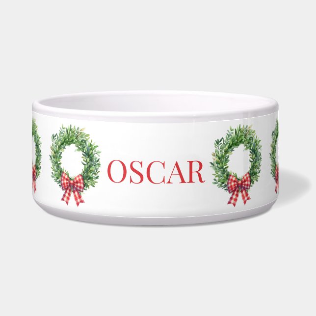 Waterverf groene krans met rode gingham boog voerbakje (Voorkant)