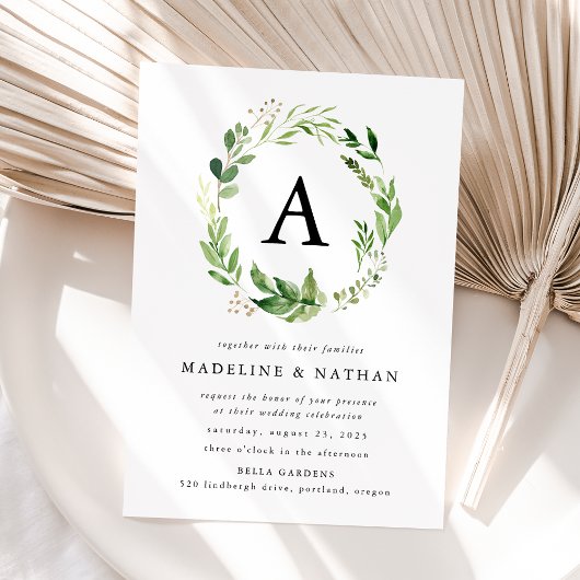 Waterverf Groene Krans Monogram Bruiloft Kaart