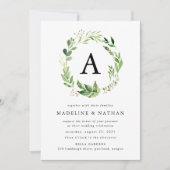Waterverf Groene Krans Monogram Bruiloft Kaart (Voorkant)