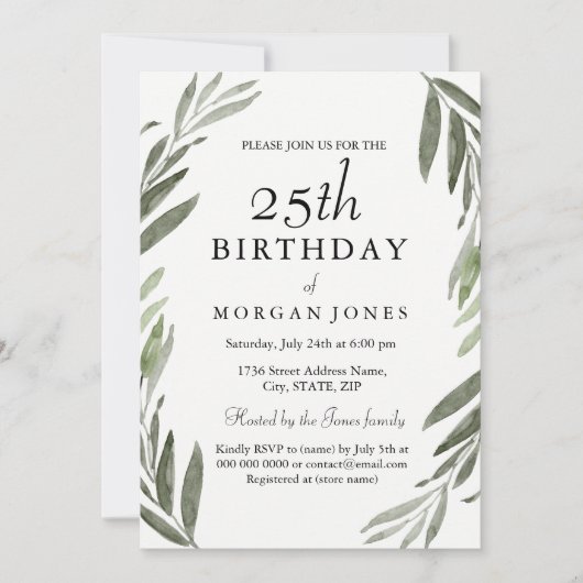 Waterverf Groene Leaf 25th Birthday Invitation Kaart (Voorkant)