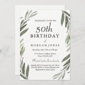 Waterverf Groene Leaf 50th Birthday Invitation Kaart (Voorkant / Achterkant)
