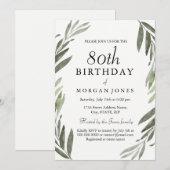 Waterverf Groene Leaf 80th Birthday Invitation Kaart (Voorkant / Achterkant)