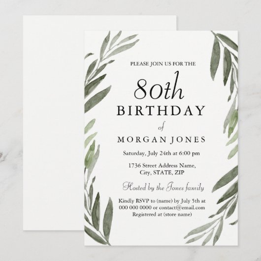 Waterverf Groene Leaf 80th Birthday Invitation Kaart (Voorkant / Achterkant)