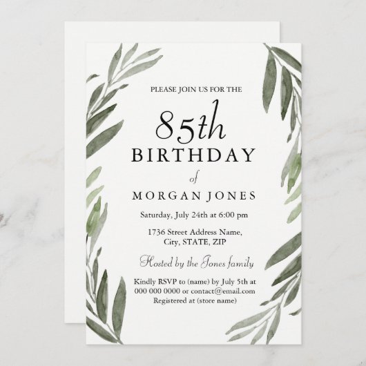 Waterverf Groene Leaf 85th Birthday Invitation Kaart (Voorkant / Achterkant)