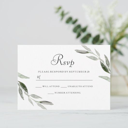 Waterverf Groene Leaf Modern Wedding RSVP (Staand voorkant)