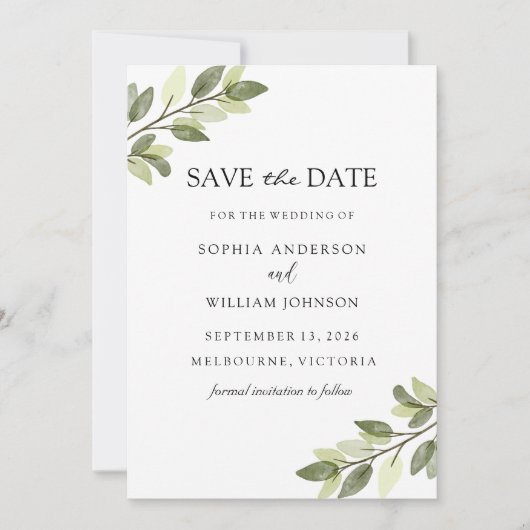 Waterverf Groene lef Elegant Wedding Save The Date (Voorkant)