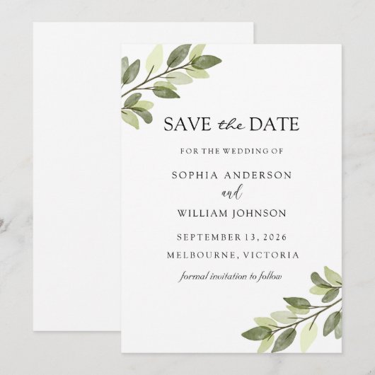 Waterverf Groene lef Elegant Wedding Save The Date (Voorkant / Achterkant)
