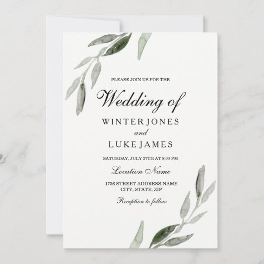 Waterverf Groene lef Modern Matte Wedding Kaart (Voorkant)