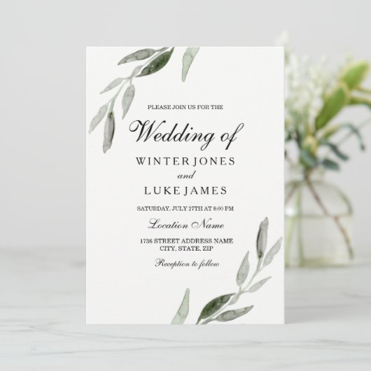 Waterverf Groene lef Modern Matte Wedding Kaart (Staand voorkant)