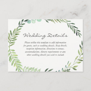 Waterverf Groene lef Wreath Wedding Details Informatiekaartje