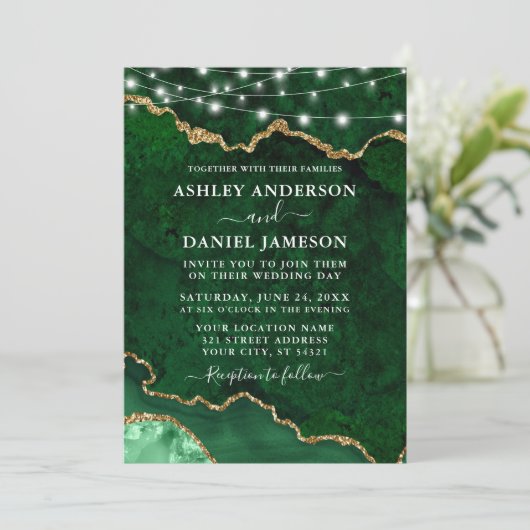 Waterverf Groene marmer Agate Geode Lights Wedding Kaart (Staand voorkant)