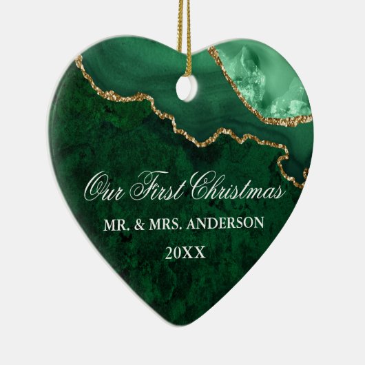 Waterverf Groene Marmer Geode Wedding Heart PHOTO Keramisch Ornament (Rechts)