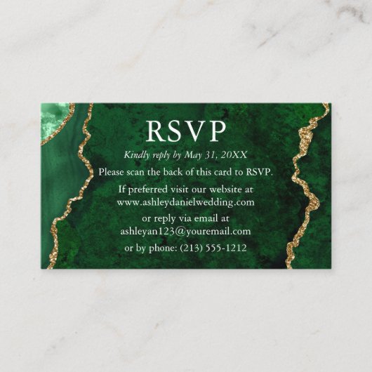 Waterverf Groene marmer Weddenschap RSVP QR Terug Informatiekaartje (Voorkant)