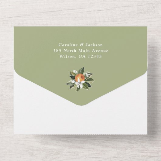 Waterverf Groene Natuur Sinaasappelbloesem Moderne All In One Uitnodiging (Achterkant)