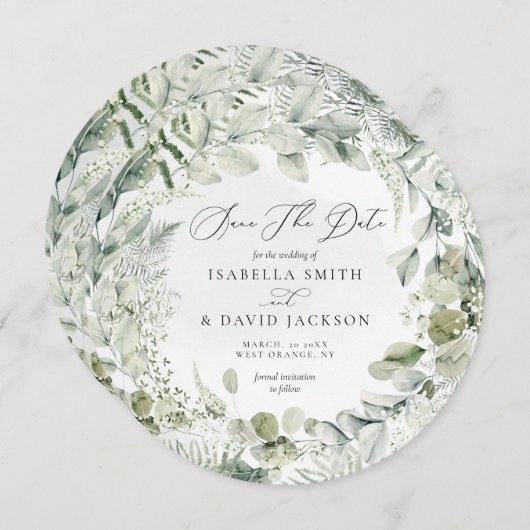 Waterverf Groene olievloeistof Eucalyptus Cirkel Save The Date (Voorkant / Achterkant)