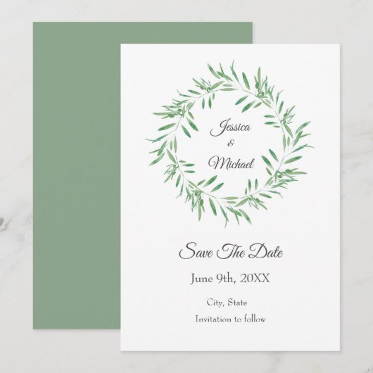Waterverf Groene Olijf met sparen de Datum Save The Date (Voorkant / Achterkant)