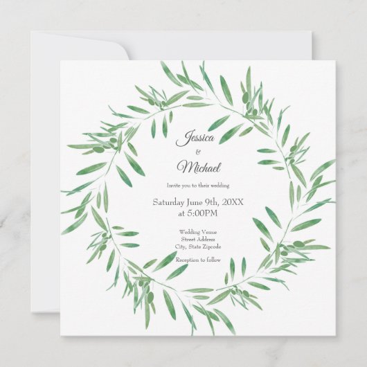 Waterverf Groene Olijf Wreath Kaart (Voorkant)