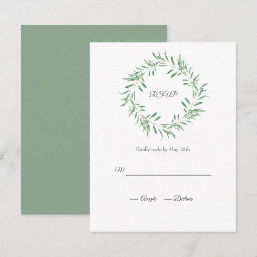 Waterverf Groene Olijf Wreath RSVP Kaartje (Voorkant / Achterkant)