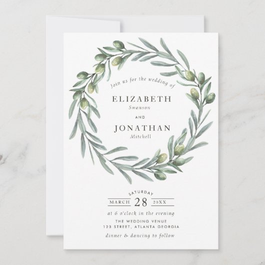 Waterverf groene olijfbomen met bruiloft kaart (Voorkant)