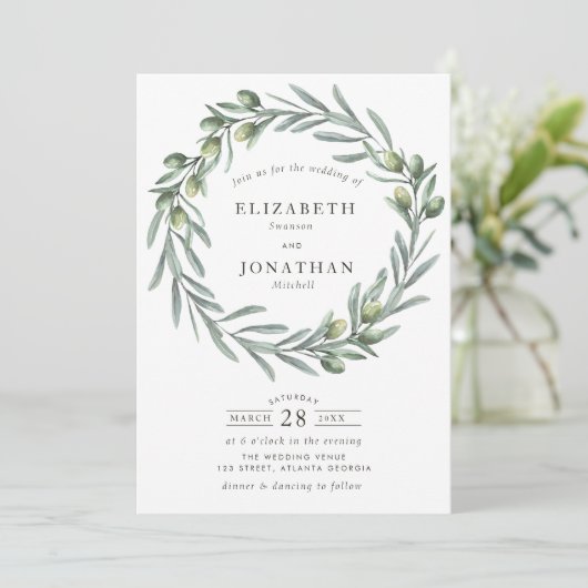 Waterverf groene olijfbomen met bruiloft kaart (Staand voorkant)