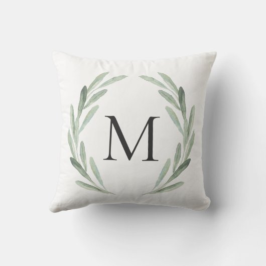 Waterverf Groene Olijftak Wreatmonogram Kussen (Achterkant)
