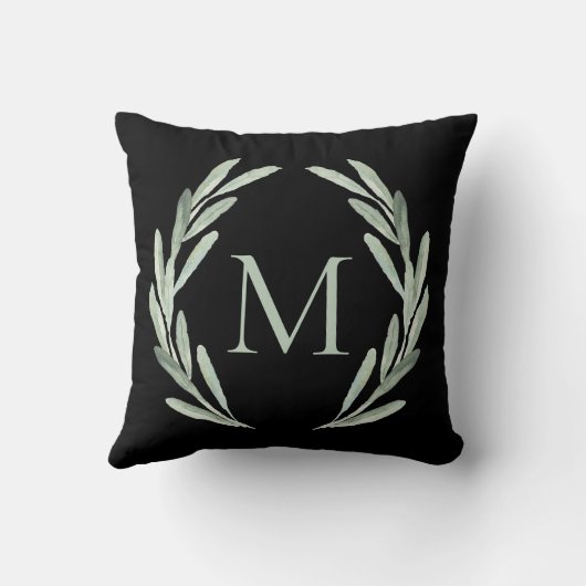 Waterverf Groene Olijftak Wreatmonogram Kussen (Achterkant)
