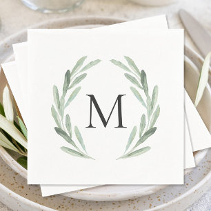 Waterverf Groene Olijftak Wreatmonogram Servetten