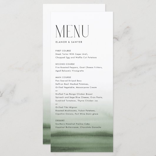 Waterverf Groene Ombre Moderne Bruiloft Menu (Voorkant / Achterkant)