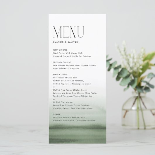 Waterverf Groene Ombre Moderne Bruiloft Menu (Staand voorkant)