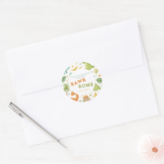 Waterverf Groene Oranje Dinosaurus Verjaardag Stic Ronde Sticker (Envelop)