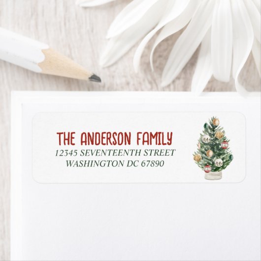 Waterverf Groene Ornamenten Boom Vrolijk Kerstfees Etiket (Insitu)