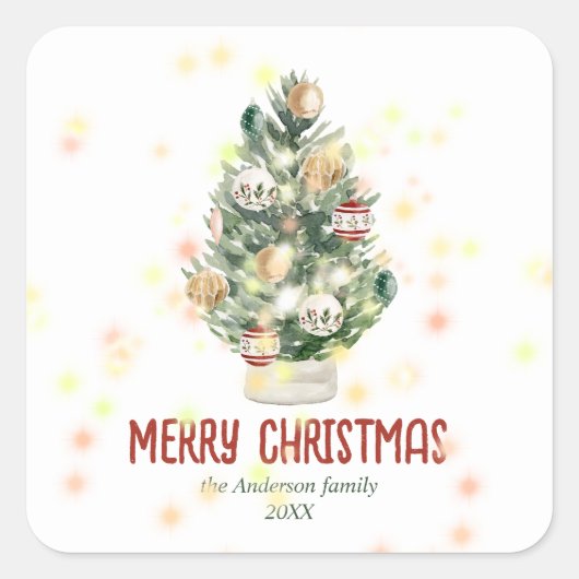 Waterverf Groene Ornamenten Boom Vrolijk Kerstfees Vierkante Sticker (Voorkant)