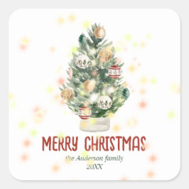 Waterverf Groene Ornamenten Boom Vrolijk Kerstfees Vierkante Sticker