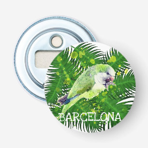 Waterverf groene papegaai en palmbladeren button flesopener