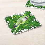 Waterverf groene papegaai en palmbladeren kartonnen onderzetters (Schuin)