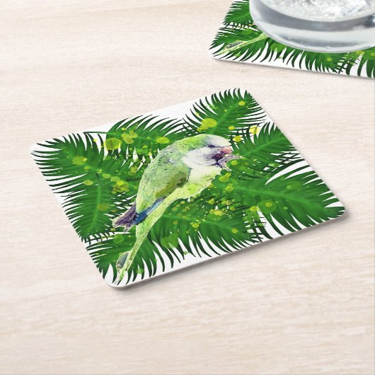 Waterverf groene papegaai en palmbladeren kartonnen onderzetters (Schuin)